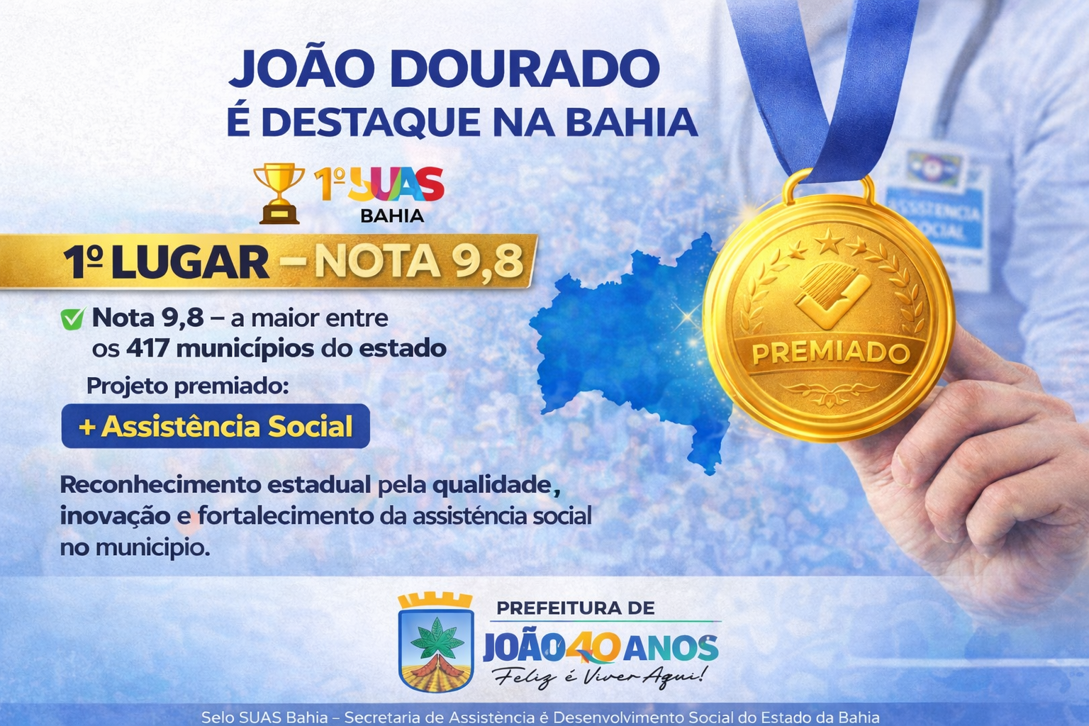 JOÃO DOURADO: João Dourado conquista 1º lugar no Selo SUAS Bahia com a maior nota entre os 417 municípios