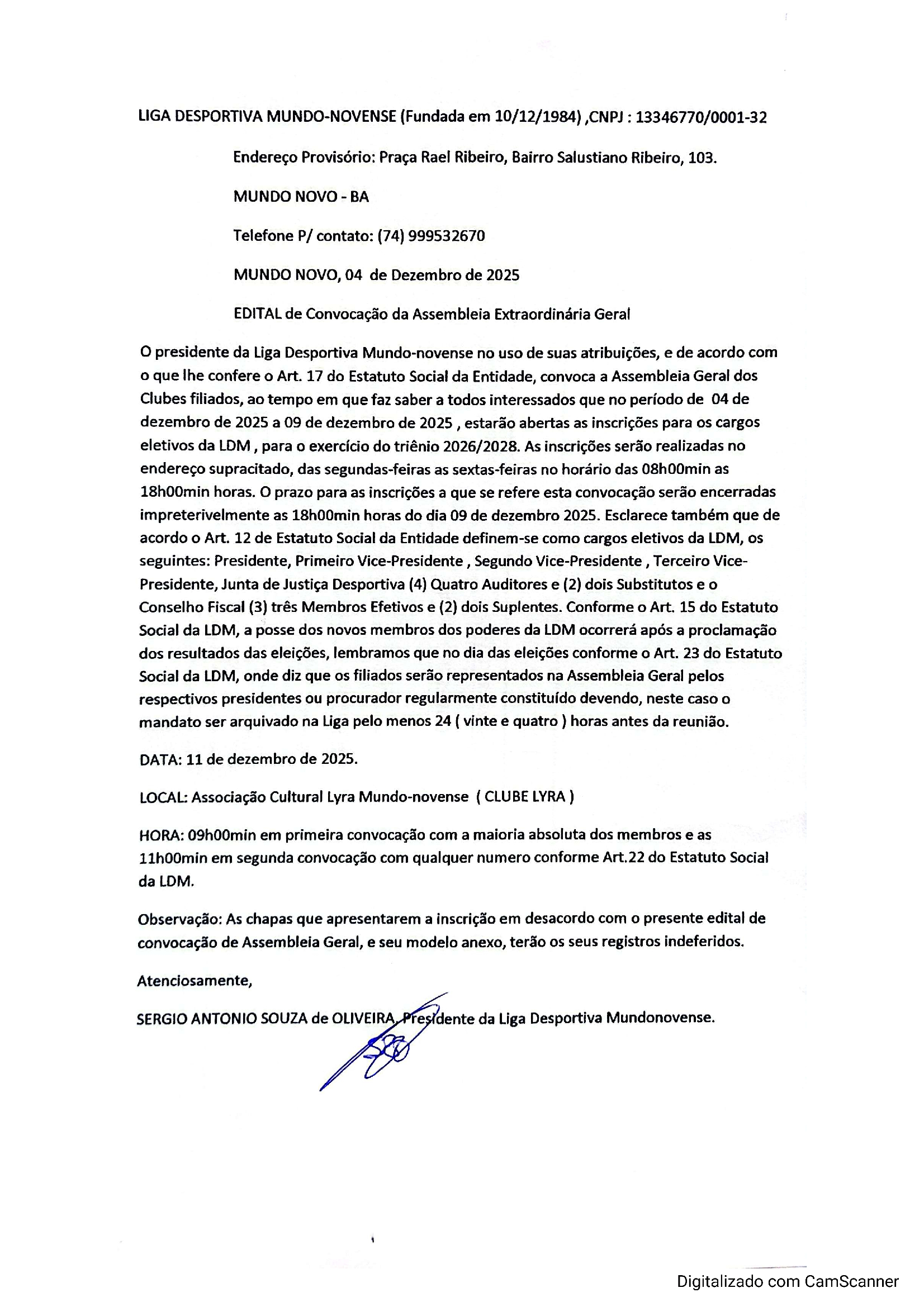 ​EDITAL DE CONVOCAÇÃO PARA ELEIÇÃO  LIGA DESPORTIVA MUNDO-NOVENSE